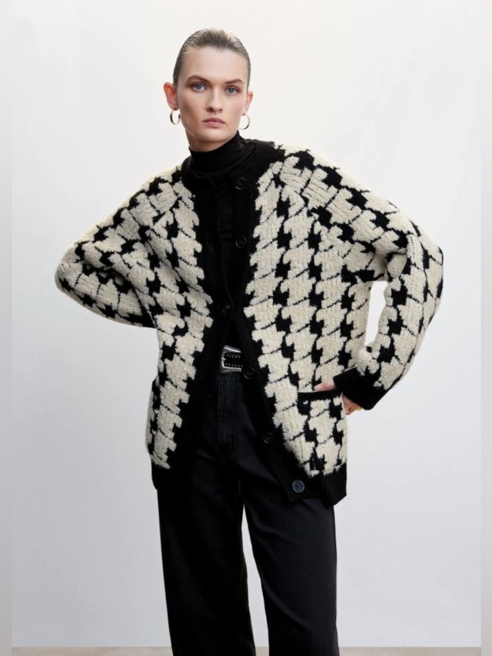 Mango Claudio Houndstooth Knit Cardigan Sweater Jacket Black Cream Size M